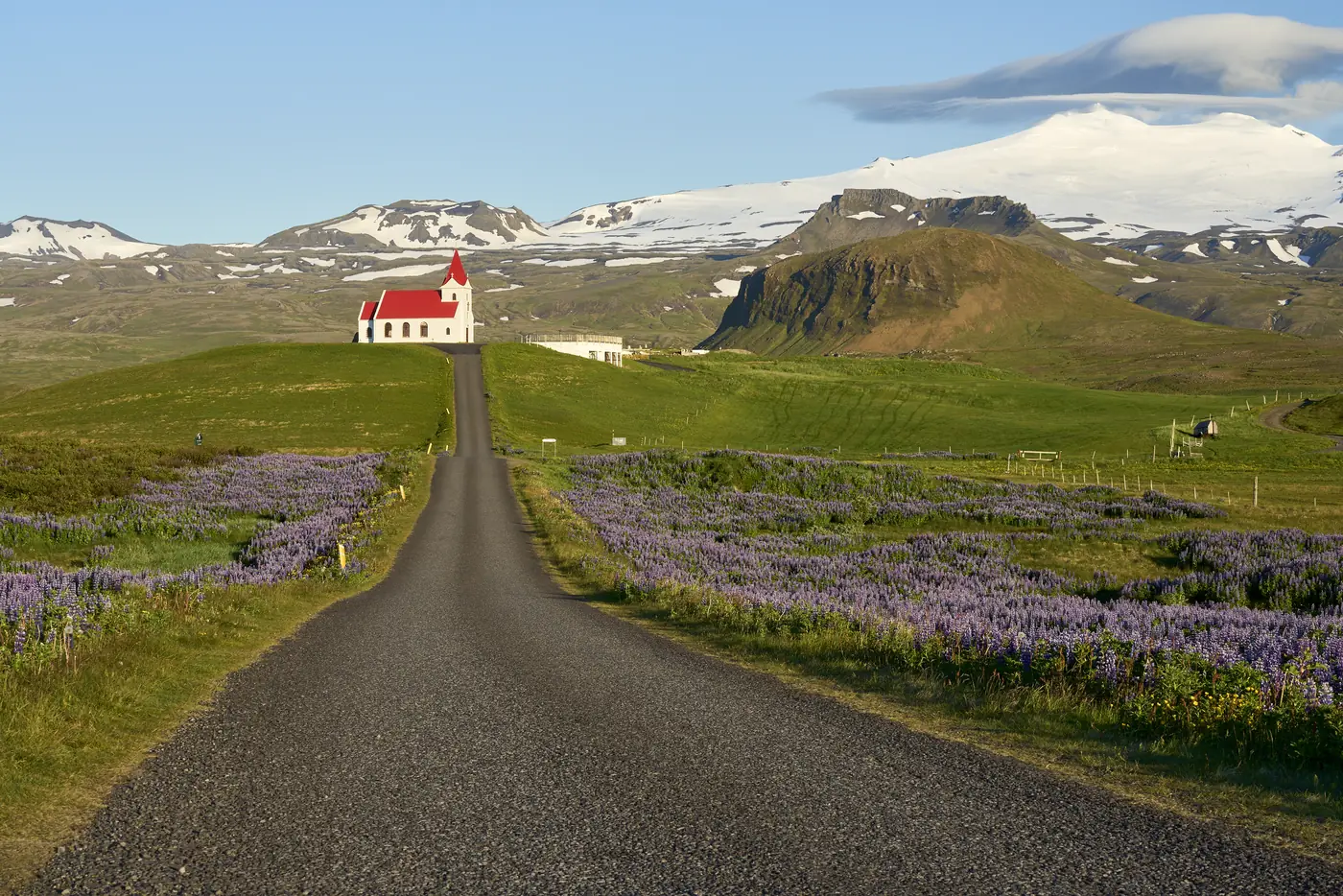 A road through a wide green plain